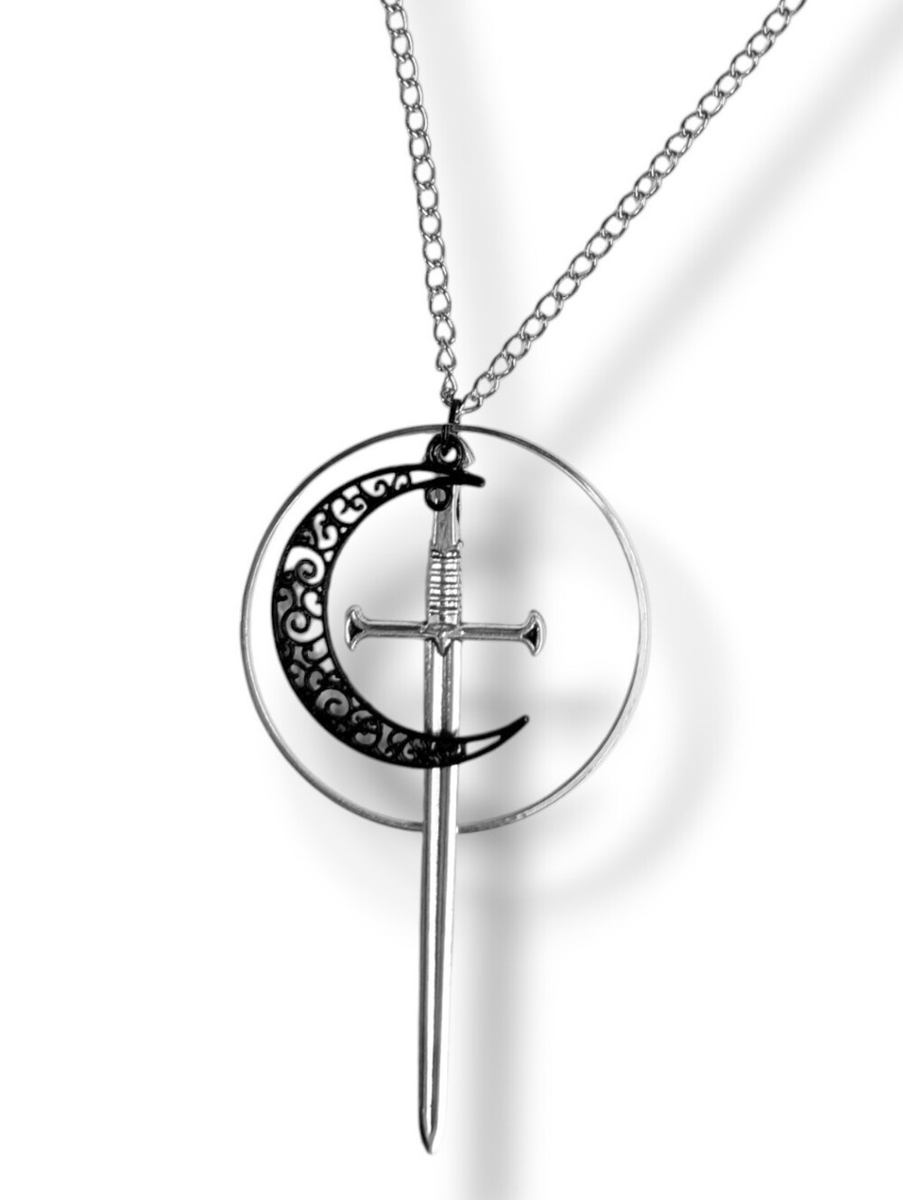 NWT Handmade Large Silver Sword Black Crescent Moon Hoop Layered Necklace